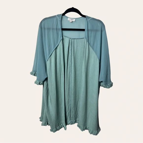 1182. Umgee LINEN BLEND KIMONO SHORT SLEEVES FRAY HEMS SIZE SMALL/MEDIUM GREEN - Picture 5 of 13